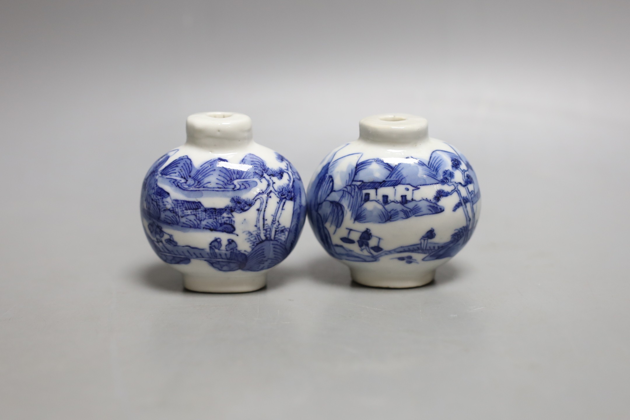 A Chinese blue and white seal paste box, brushwasher and a pair of snuff bottles, late 19th/early 20th century